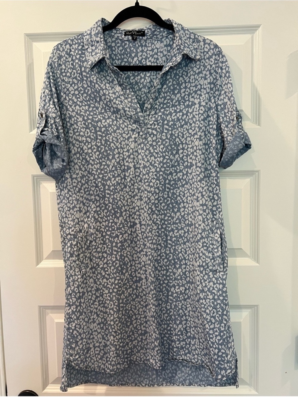Velvet Heart Blue Tencel Animal Print Shirt Dress Roll Tab Small - Picture 5 of 11